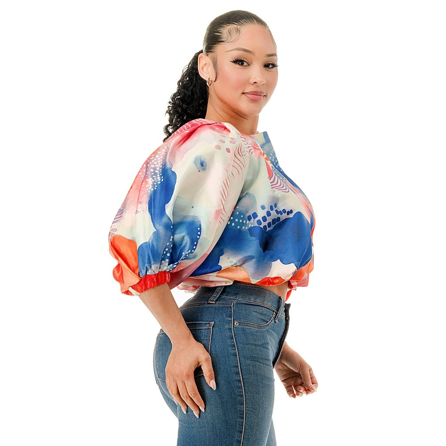Balloon Short Sleeve Front Zip Bubble Cropped Top
