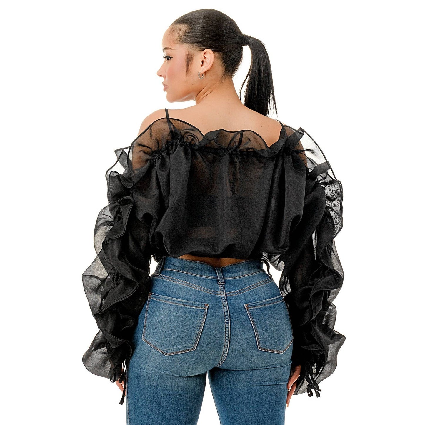 Off the Shoulder Long Sleeve Ruffle Sheer Top-CURVY