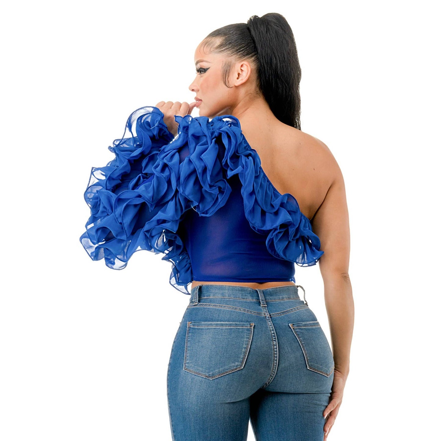 One Shoulder Long Sleeve Ruffle Detail Crop Top-CURVY
