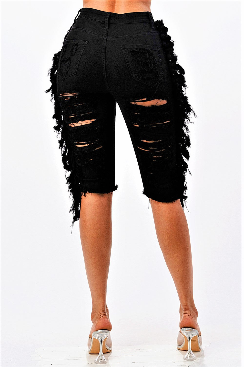 Tassel Distressed Shorts-Distressed Front & Back
