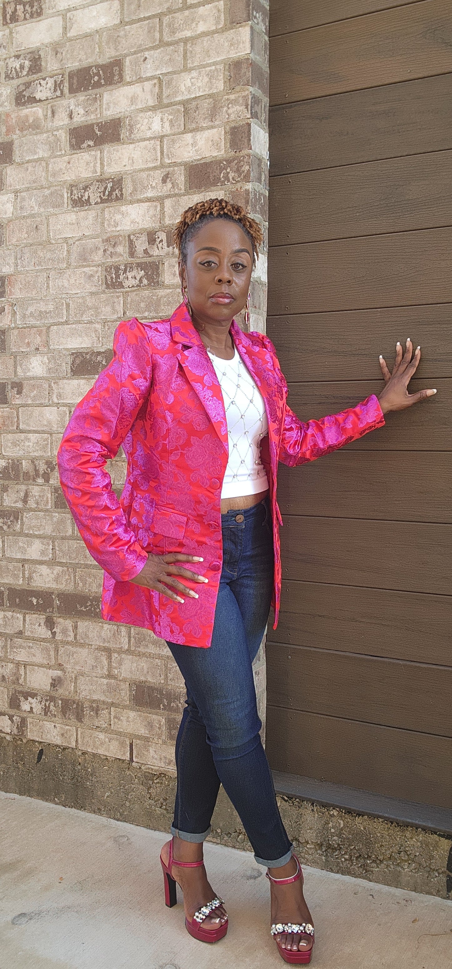 Jacquard Front Button Closure Blazer Jacket