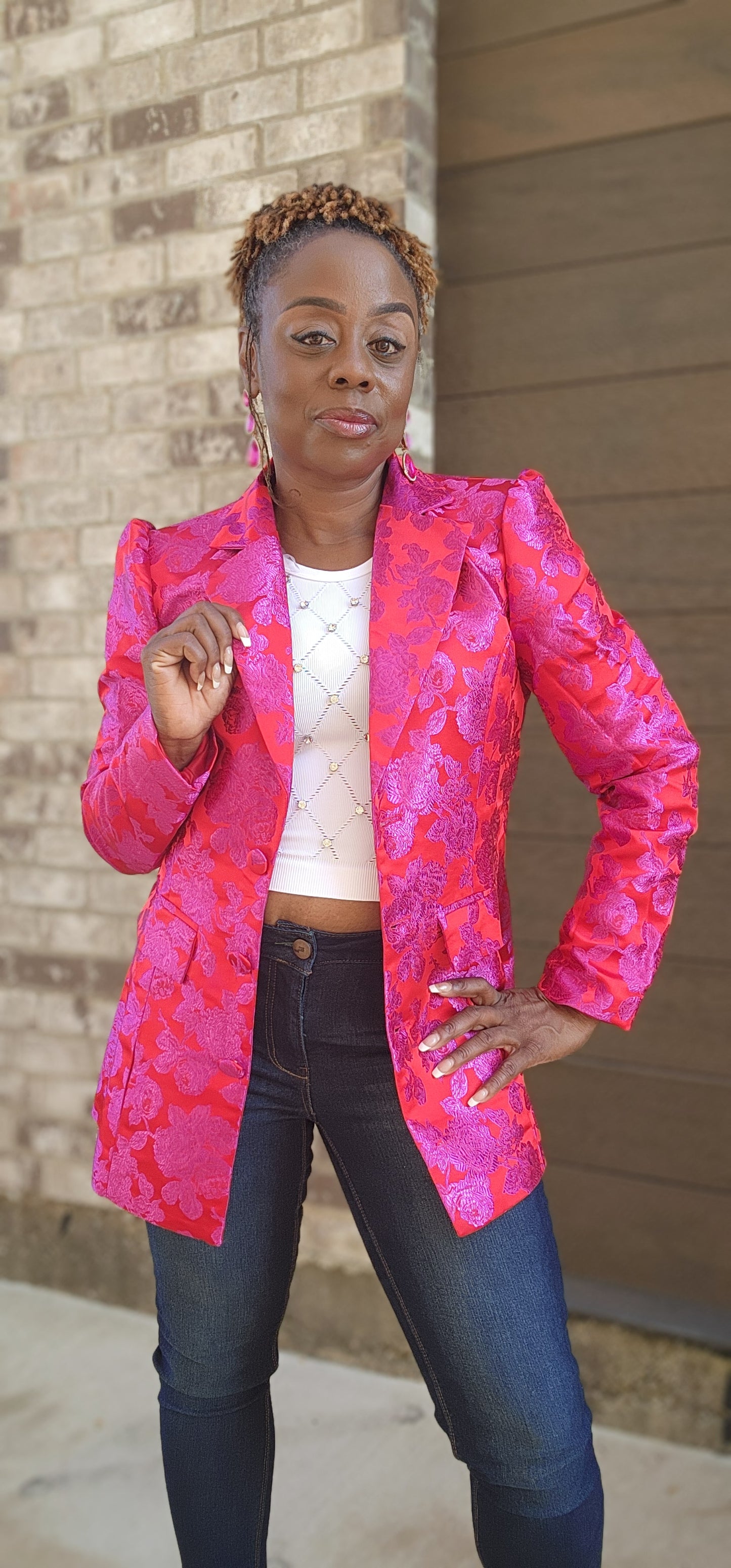 Jacquard Front Button Closure Blazer Jacket