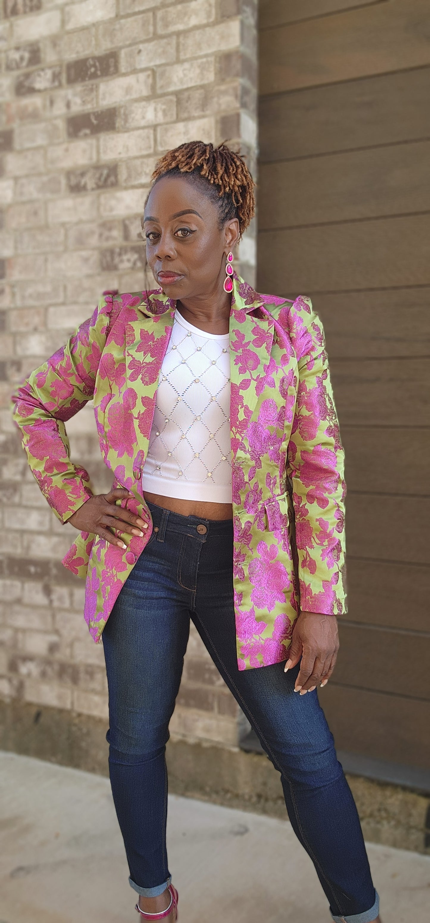 Jacquard Front Button Closure Blazer Jacket