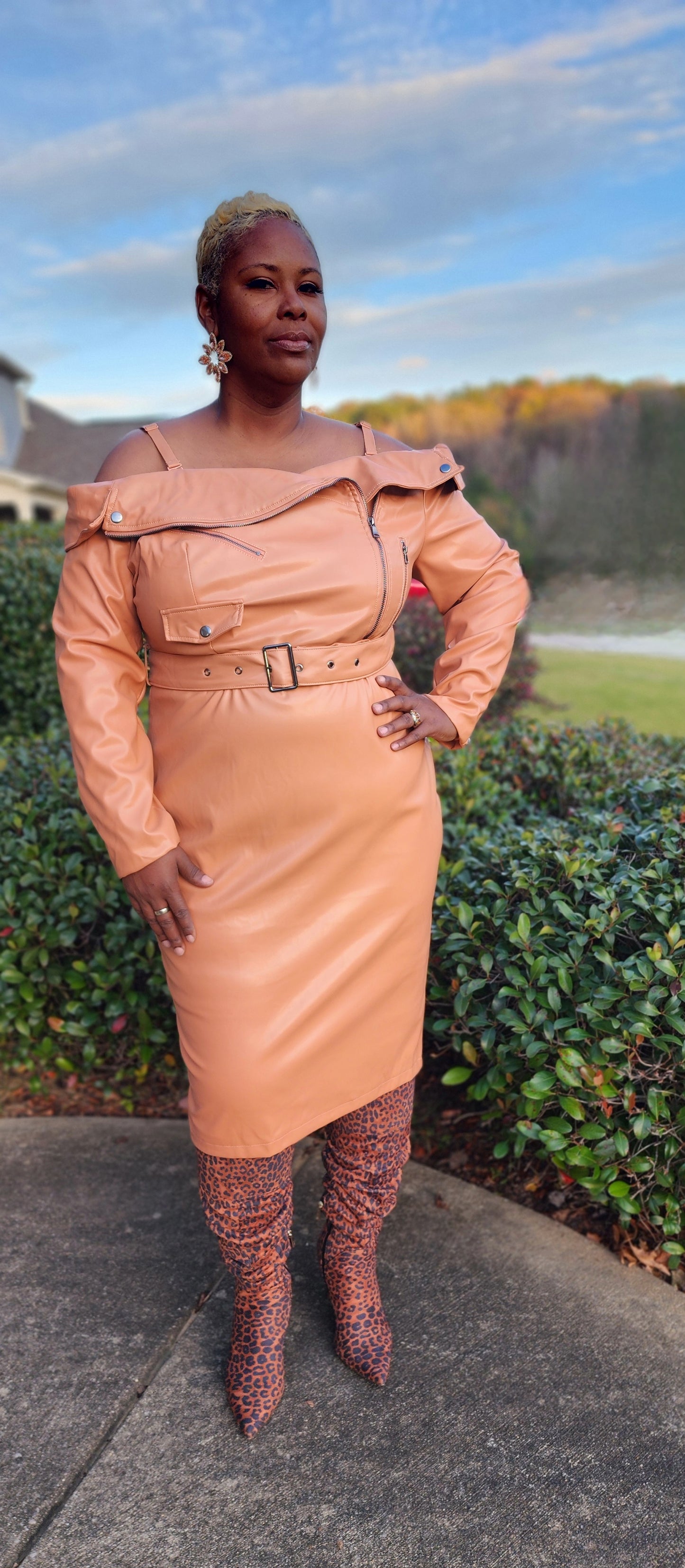 Curvy Tan Peak Shoulder Faux Mini Dresses