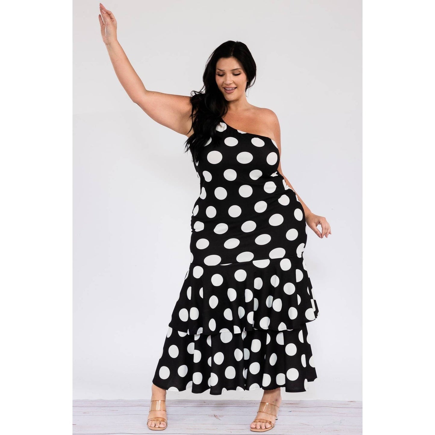 Polka Dot One Shoulder Ruffle Maxi Dress-CURVY