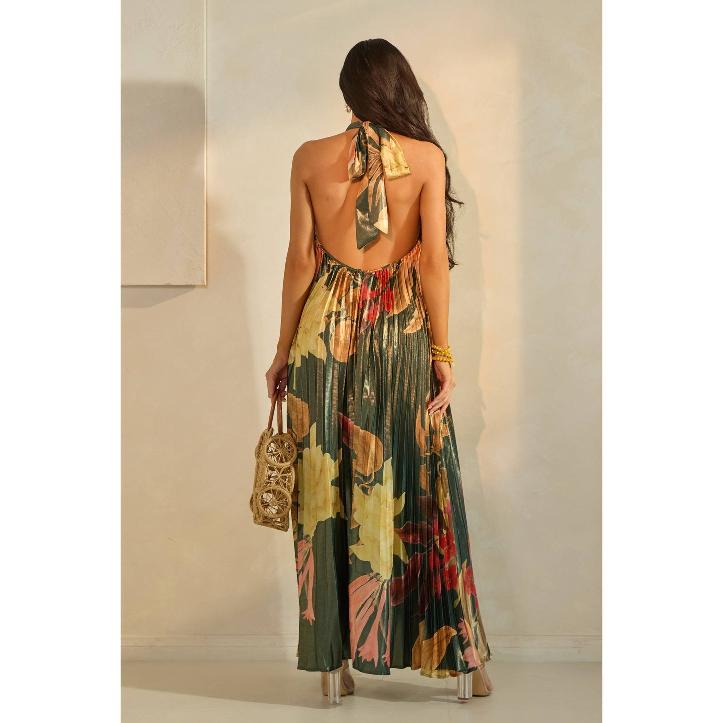 PLEATED FLORAL PRINT HALTER MAXI DRESS