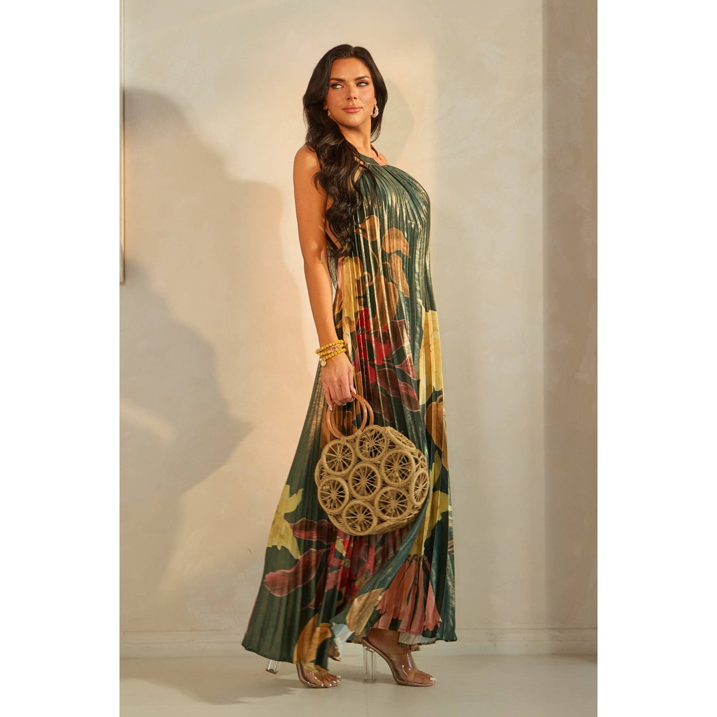 PLEATED FLORAL PRINT HALTER MAXI DRESS