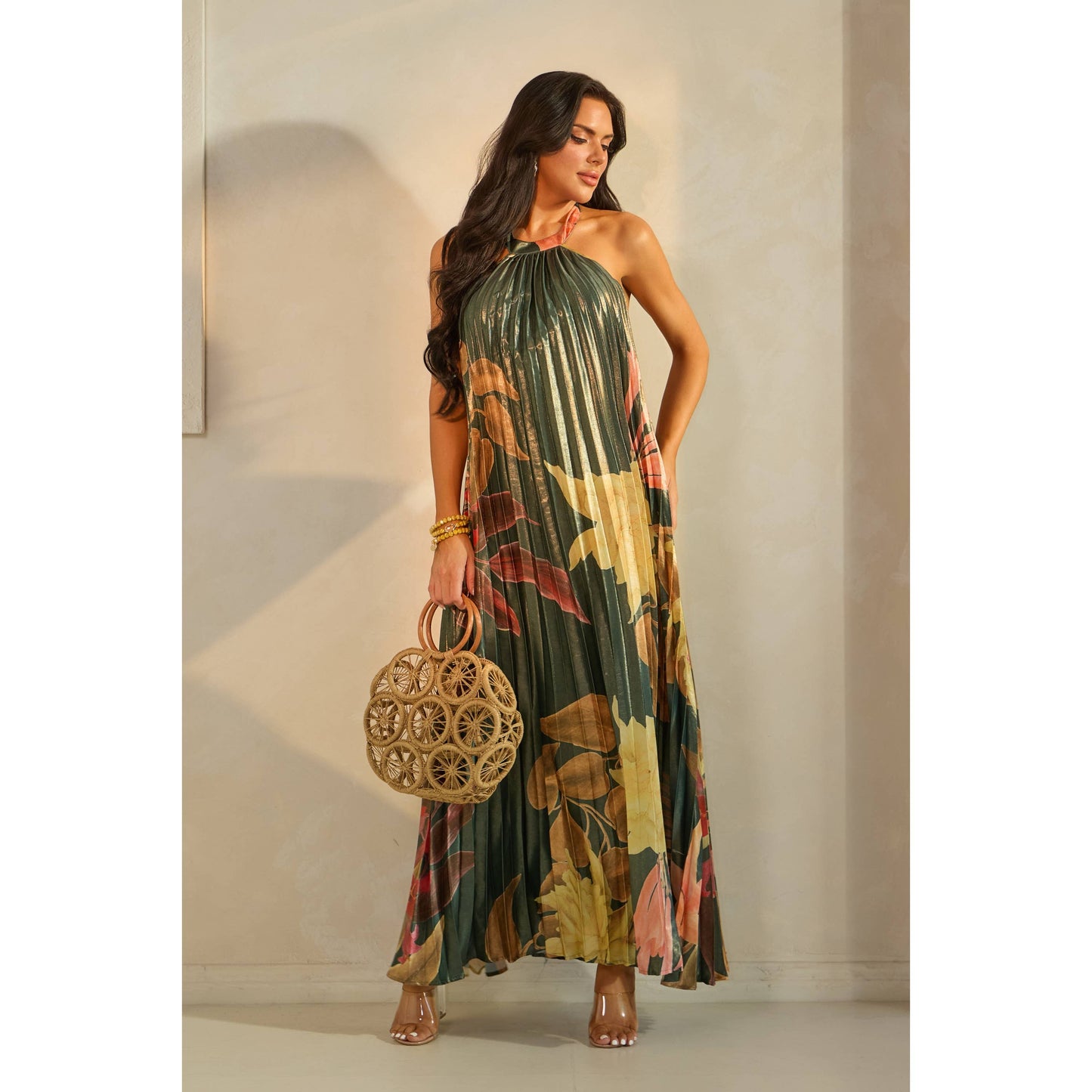PLEATED FLORAL PRINT HALTER MAXI DRESS