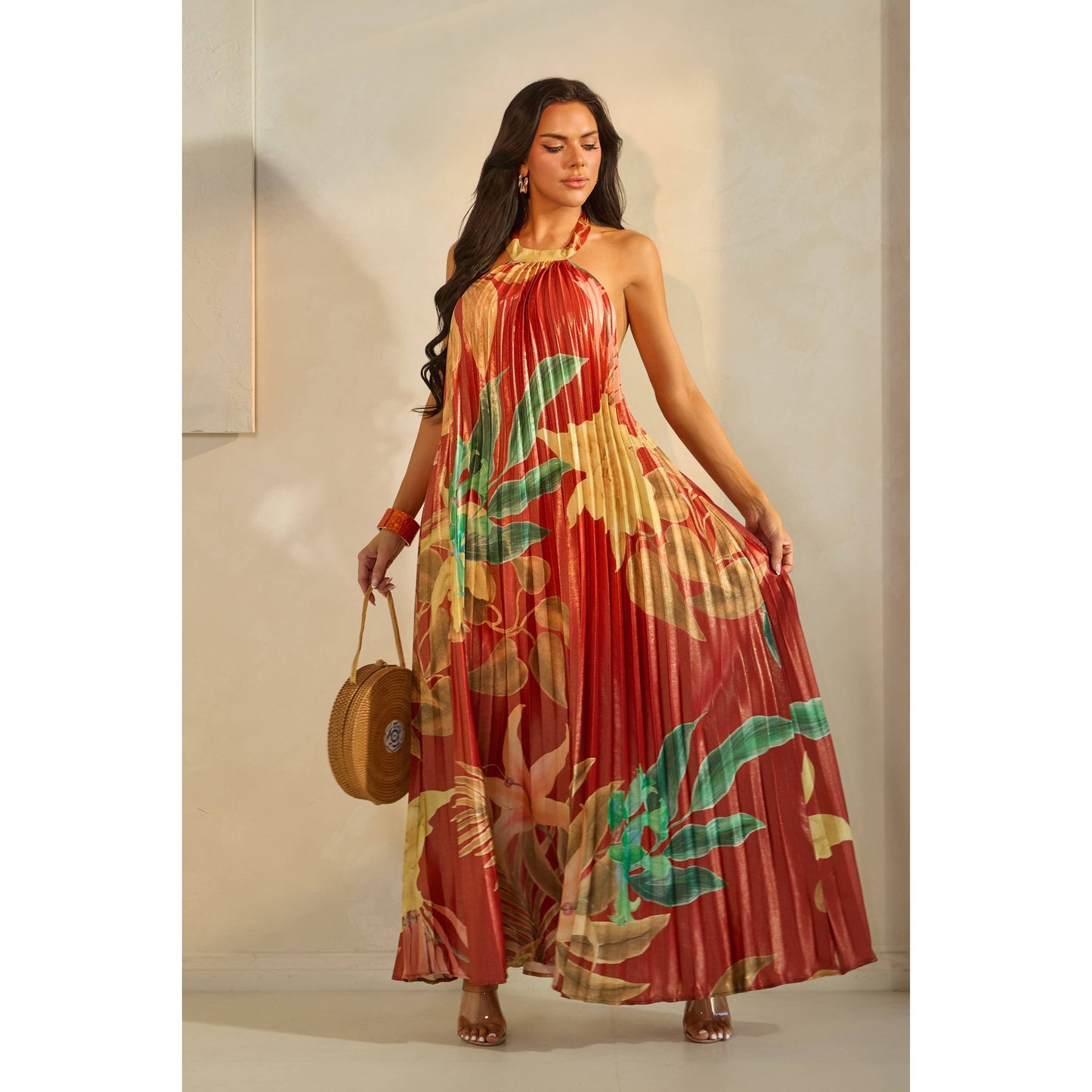 PLEATED FLORAL PRINT HALTER MAXI DRESS