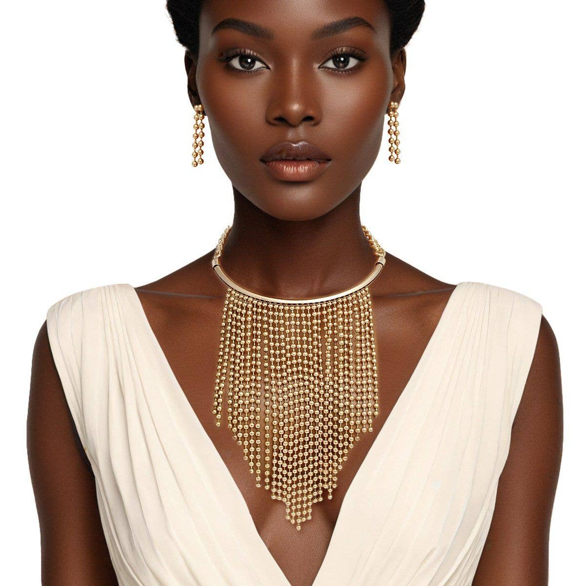 Gold Ball Chain Fringe Necklace Set