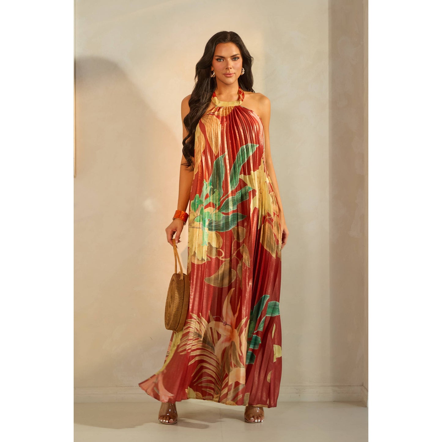 PLEATED FLORAL PRINT HALTER MAXI DRESS