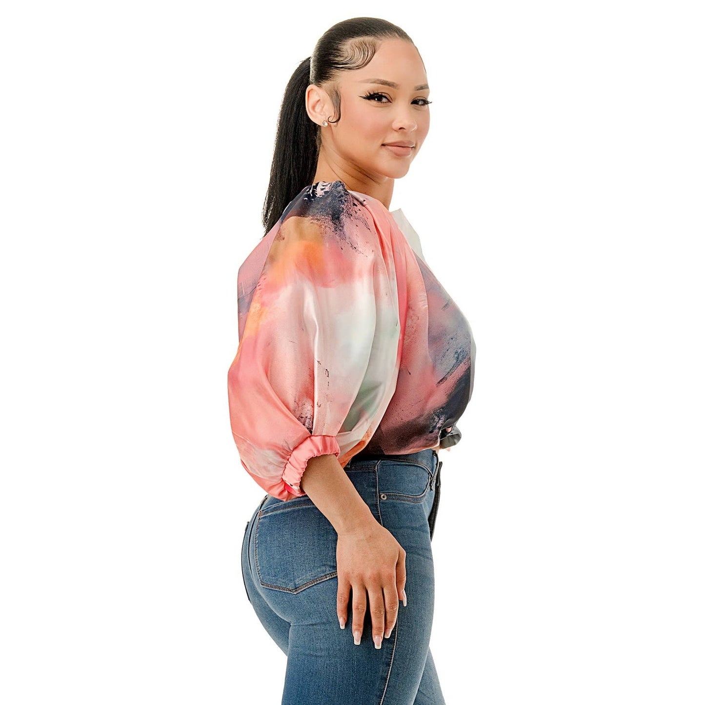 Pink Balloon Short Sleeve Front Zip Bubble Cropped Top-CURVY