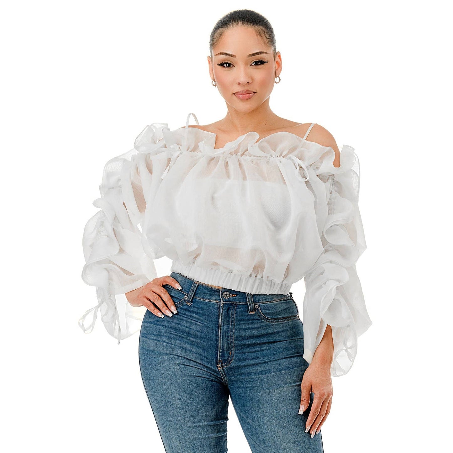 Off the Shoulder Long Sleeve Ruffle Sheer Top-CURVY