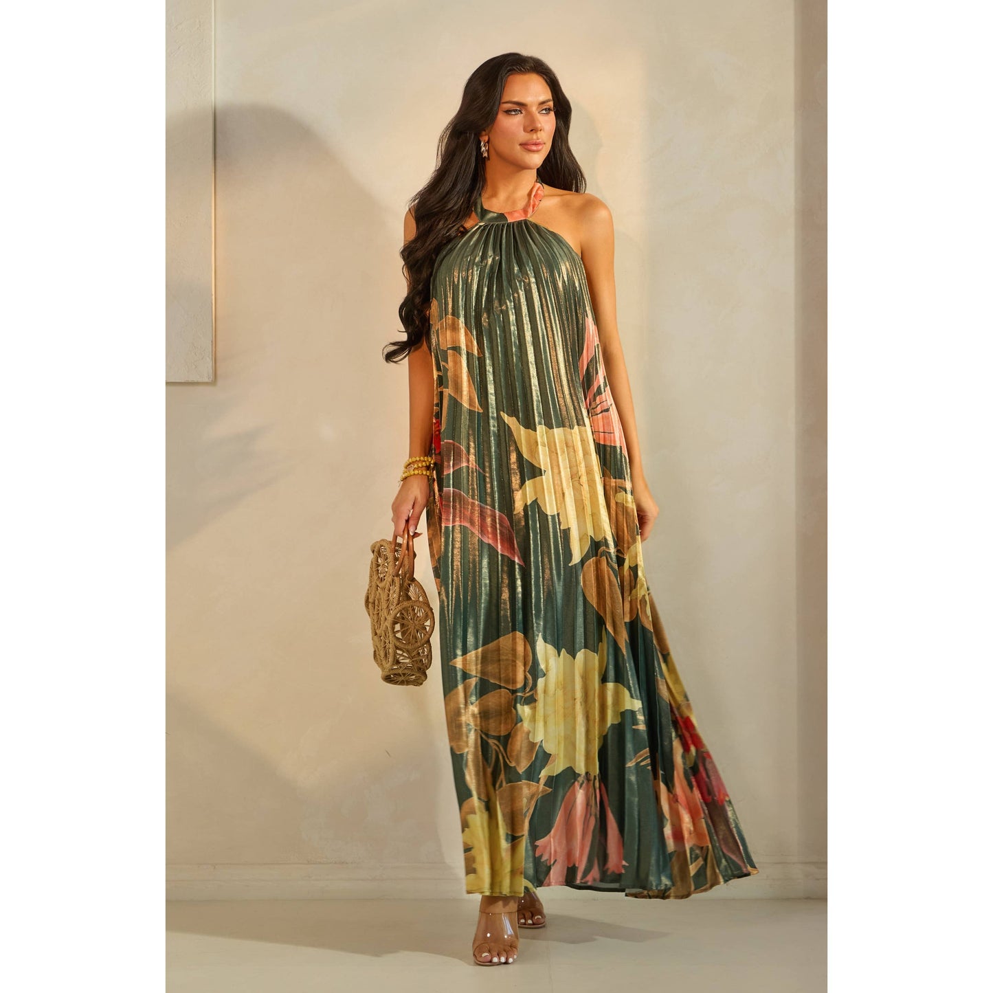 PLEATED FLORAL PRINT HALTER MAXI DRESS