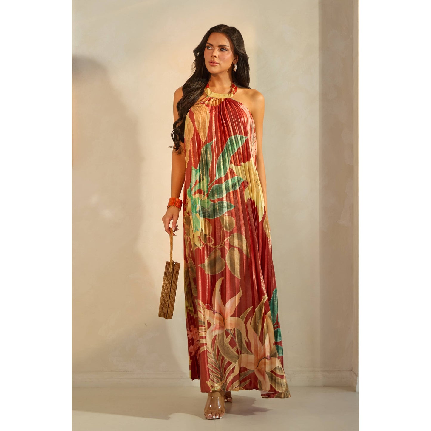 PLEATED FLORAL PRINT HALTER MAXI DRESS