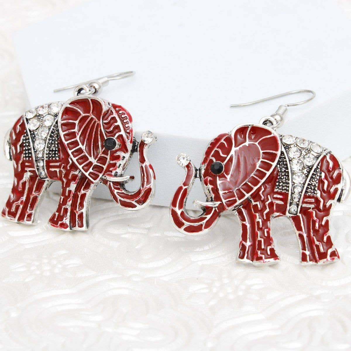 Red Elephant Rhinestone Fish Hook Earrings
