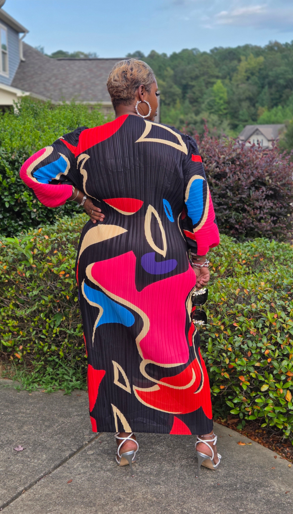 Colorful Puff Sleeve Pleated Maxi Dress