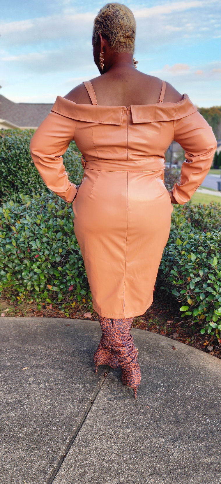 Curvy Tan Peak Shoulder Faux Mini Dresses