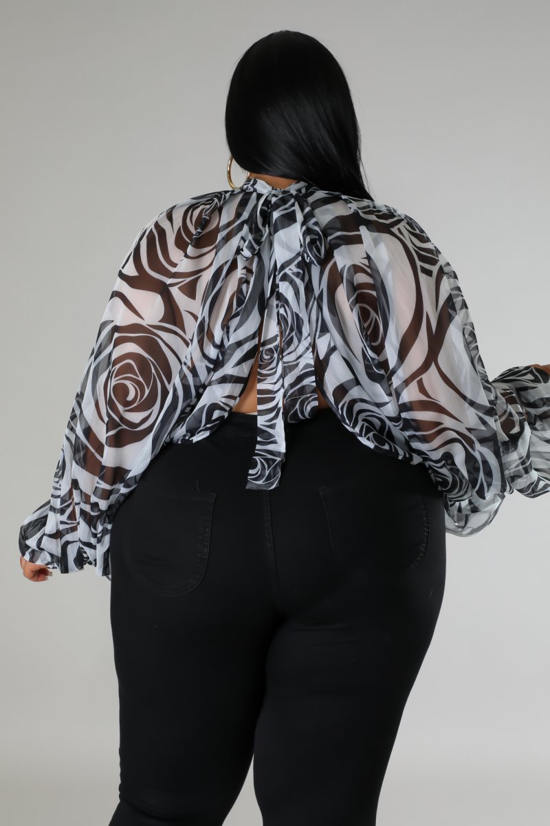 Sheer Organza Balloon Sleeve Blouse-Black and White Rose