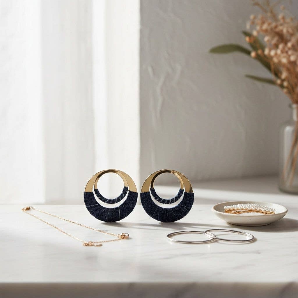 Hoop Denim Jeans Gold Double Ring Urban Earrings