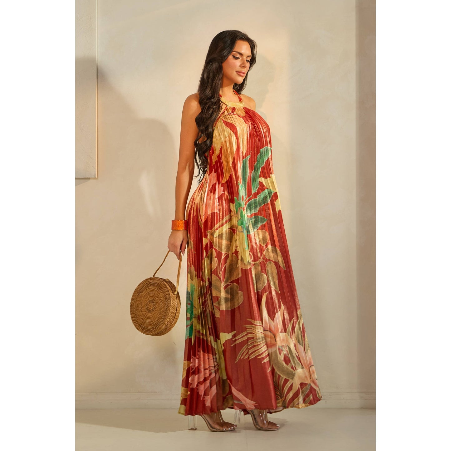 PLEATED FLORAL PRINT HALTER MAXI DRESS