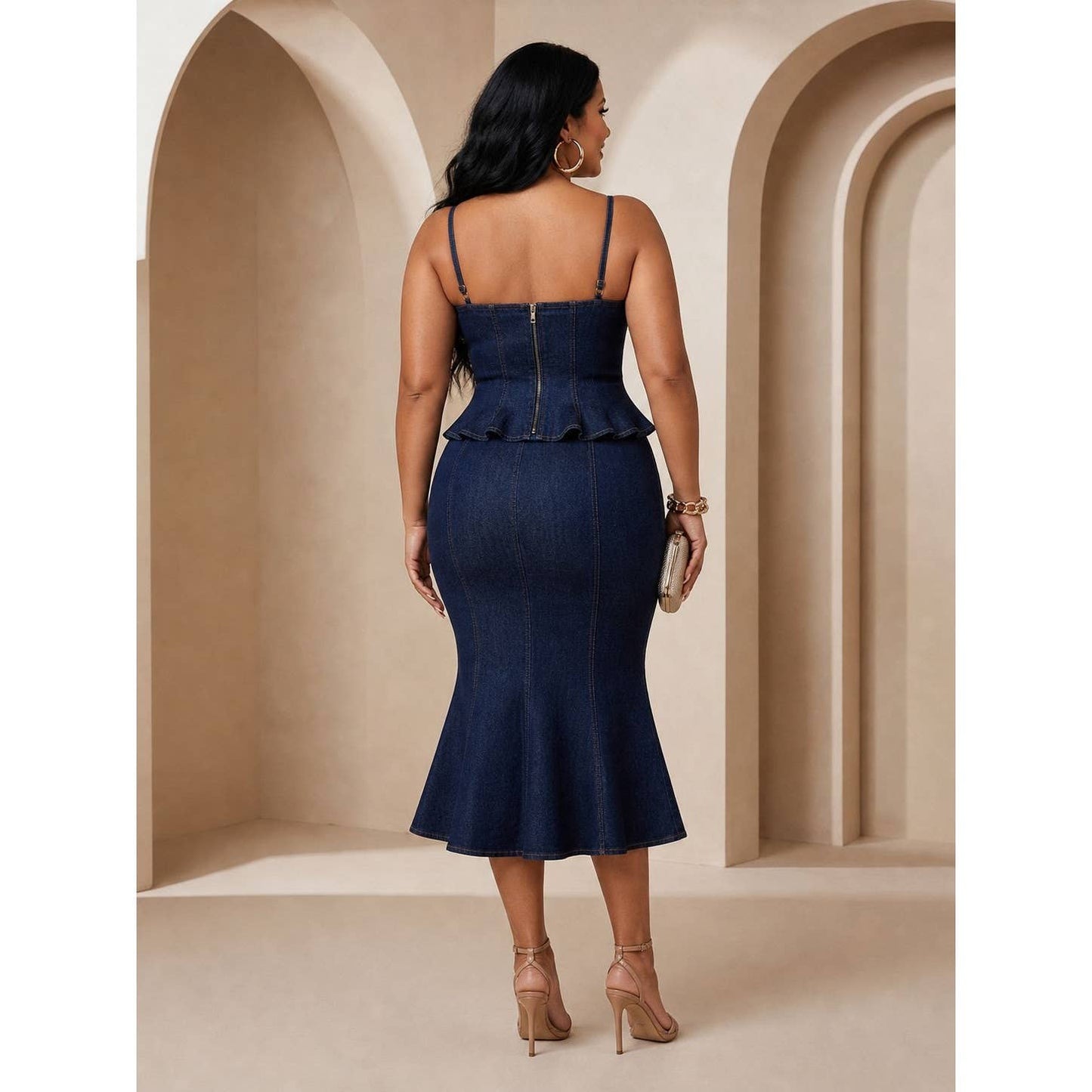 PLUS STRETCH DENIM BUSTIER TOP WITH MIDI SKIRT SET