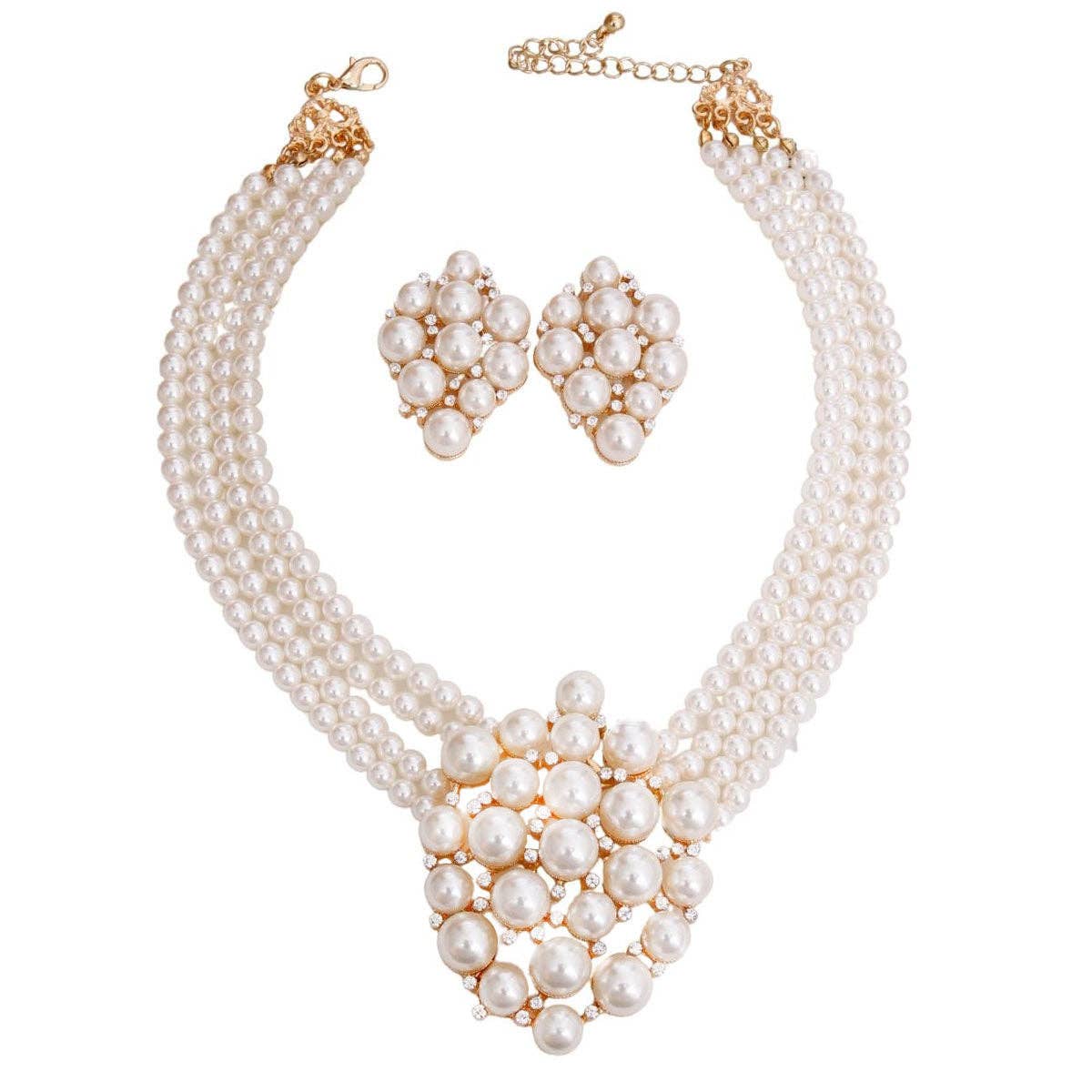 Four Line Cluster Pearl Necklace-Clip On Set