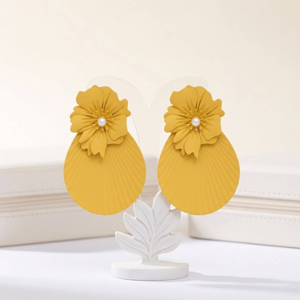 Large Stud Yellow Flower Fanned Teardrop Earrings
