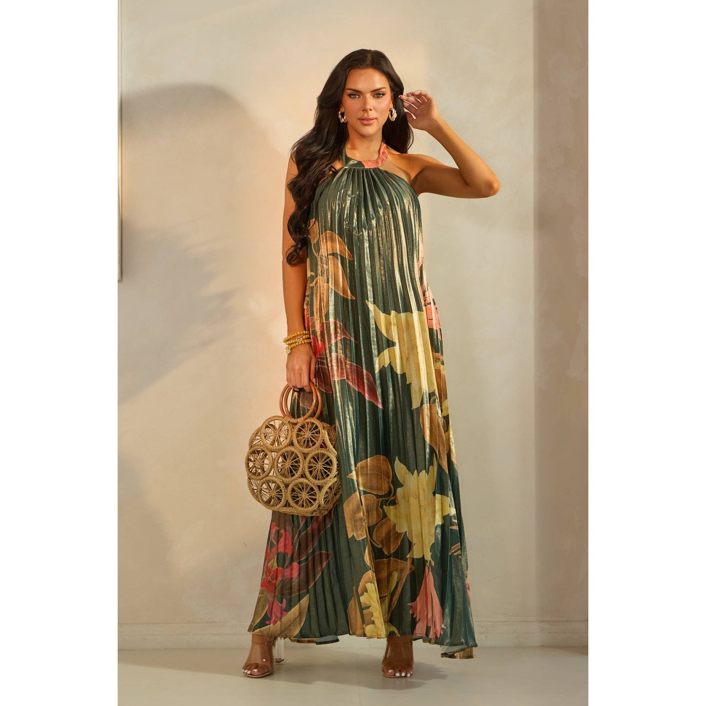 PLEATED FLORAL PRINT HALTER MAXI DRESS