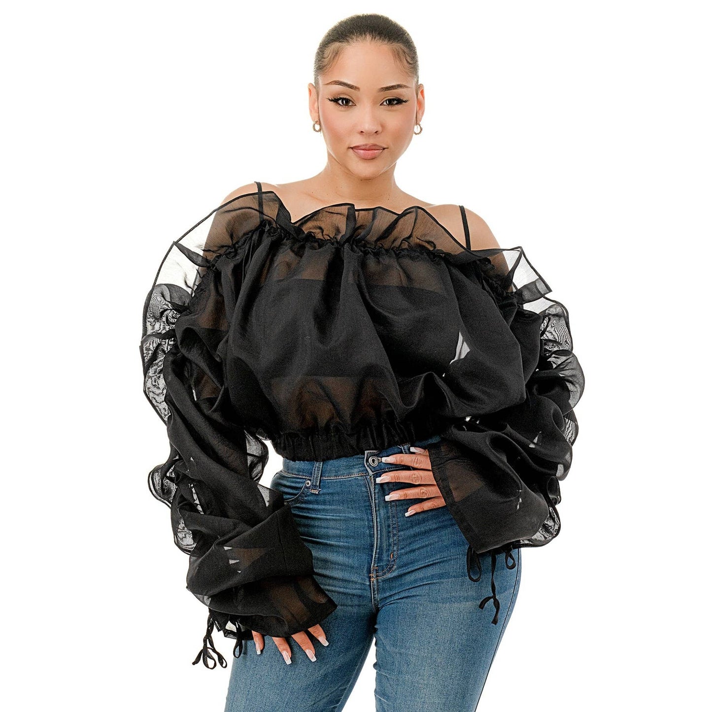 Off the Shoulder Long Sleeve Ruffle Sheer Top-CURVY