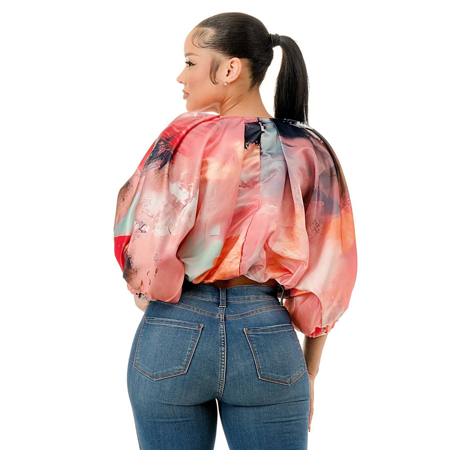 Pink Balloon Short Sleeve Front Zip Bubble Cropped Top-CURVY