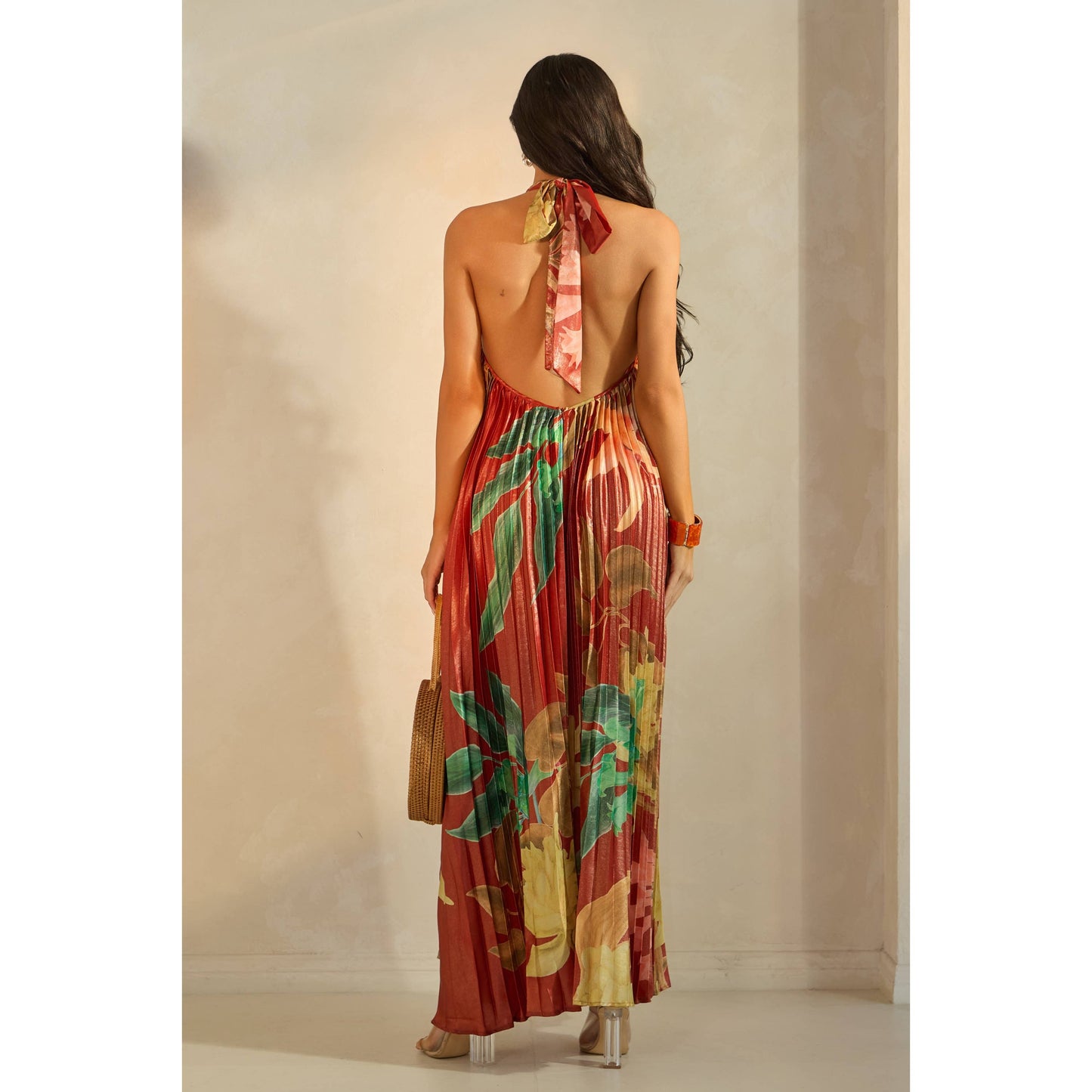 PLEATED FLORAL PRINT HALTER MAXI DRESS