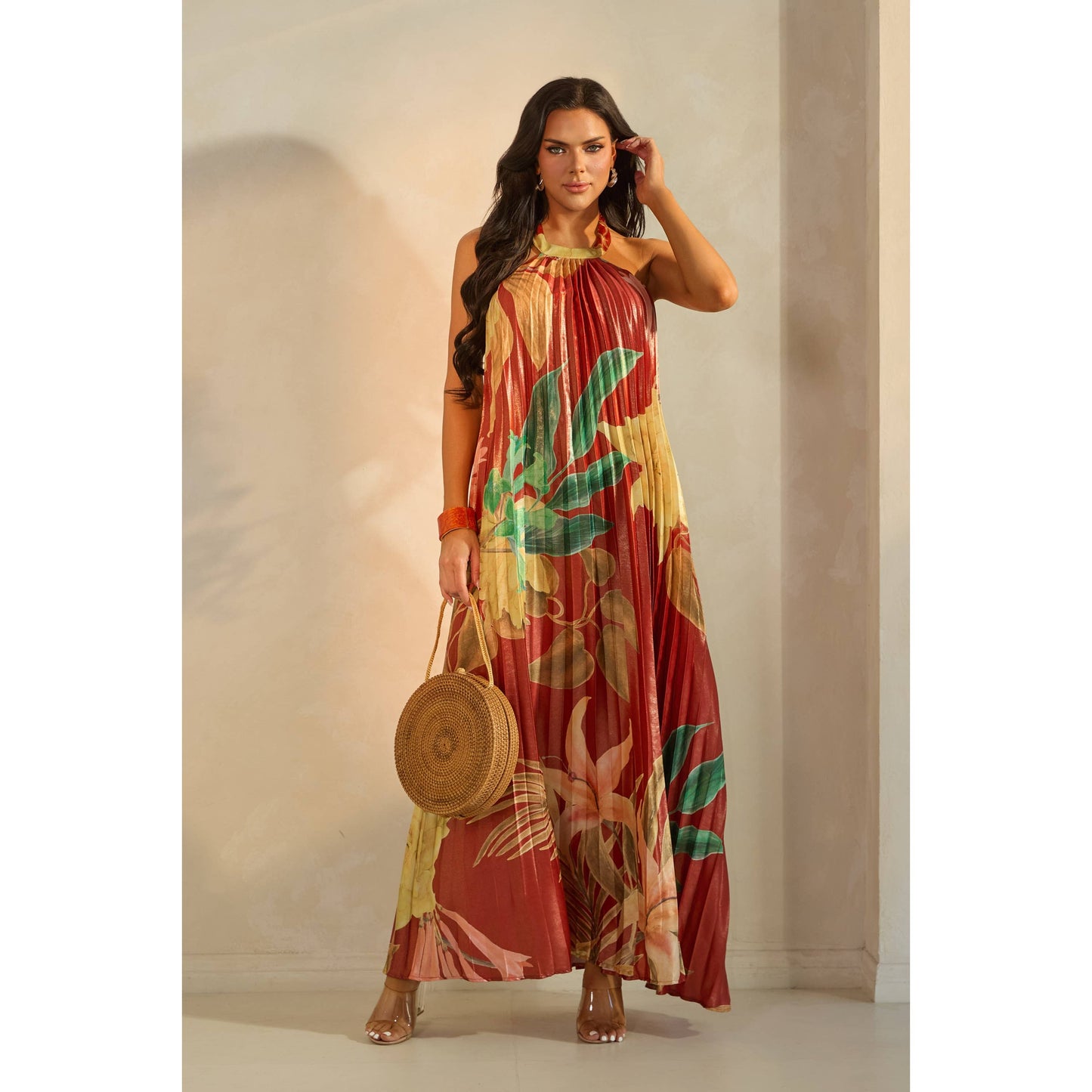 PLEATED FLORAL PRINT HALTER MAXI DRESS