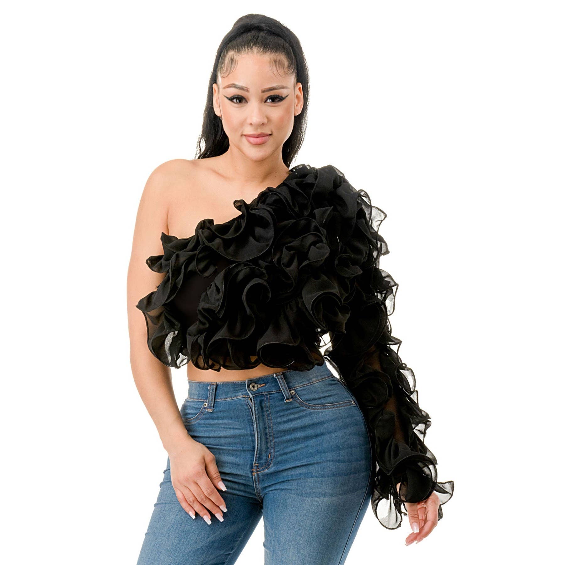 One Shoulder Long Sleeve Ruffle Detail Crop Top CURVY La Beaute Elegante