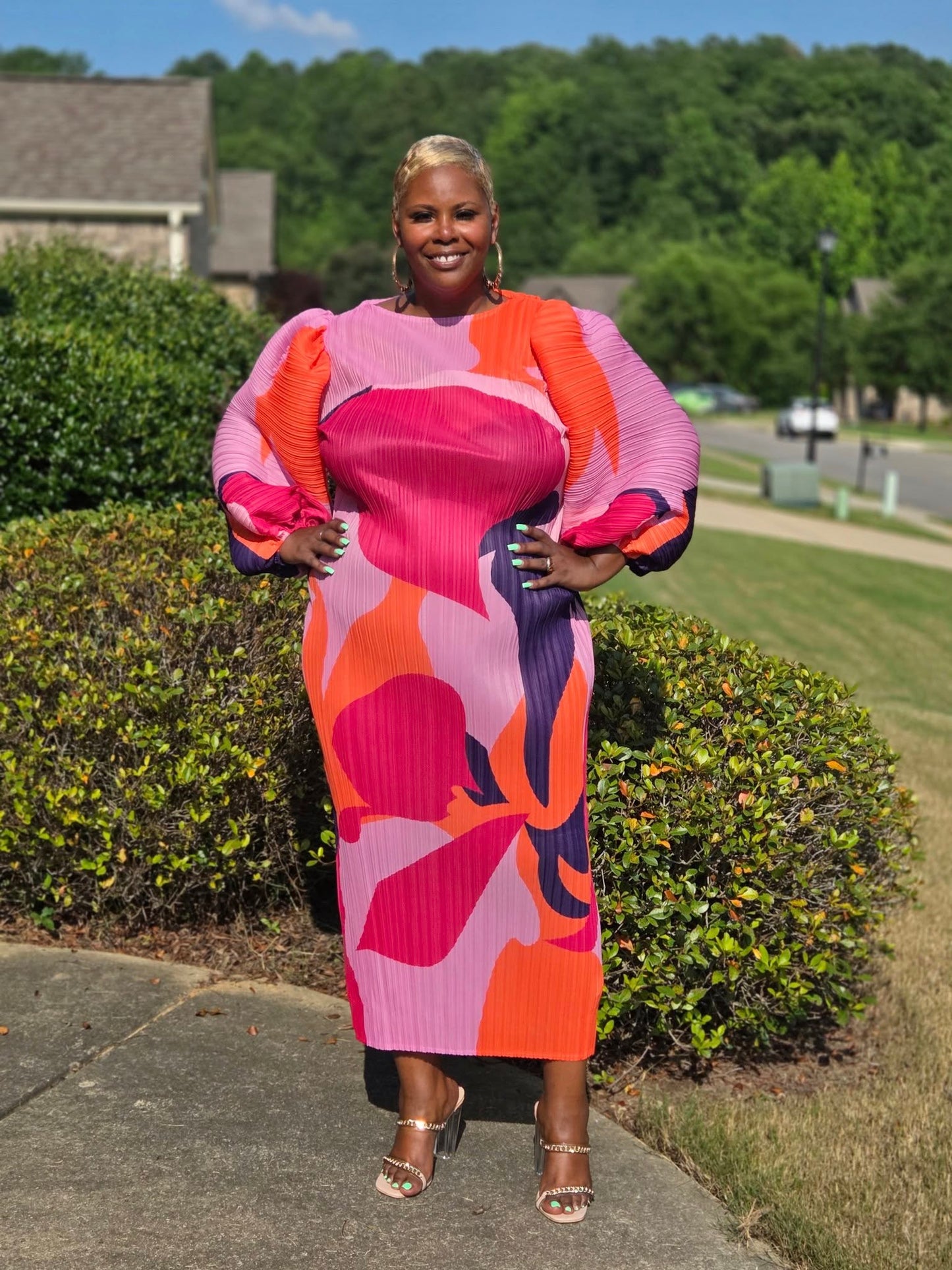 Colorful Puff Sleeve Pleated Maxi Dress