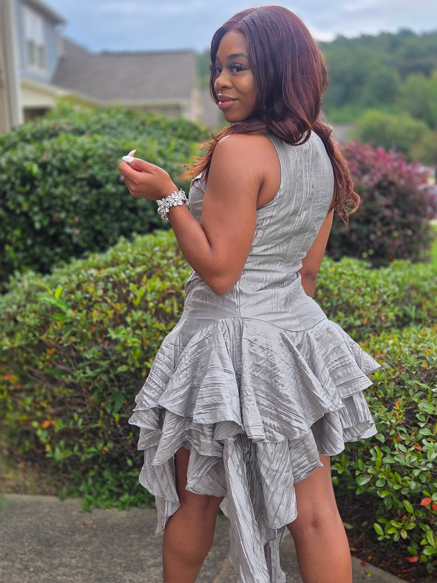 Silver Mirage Pleated Ruffle Dress