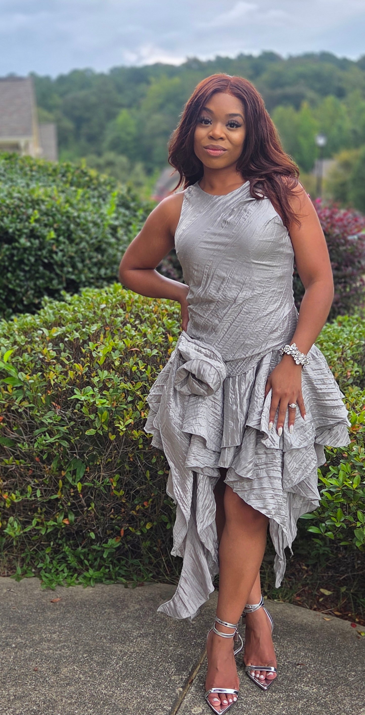 Silver Mirage Pleated Ruffle Dress