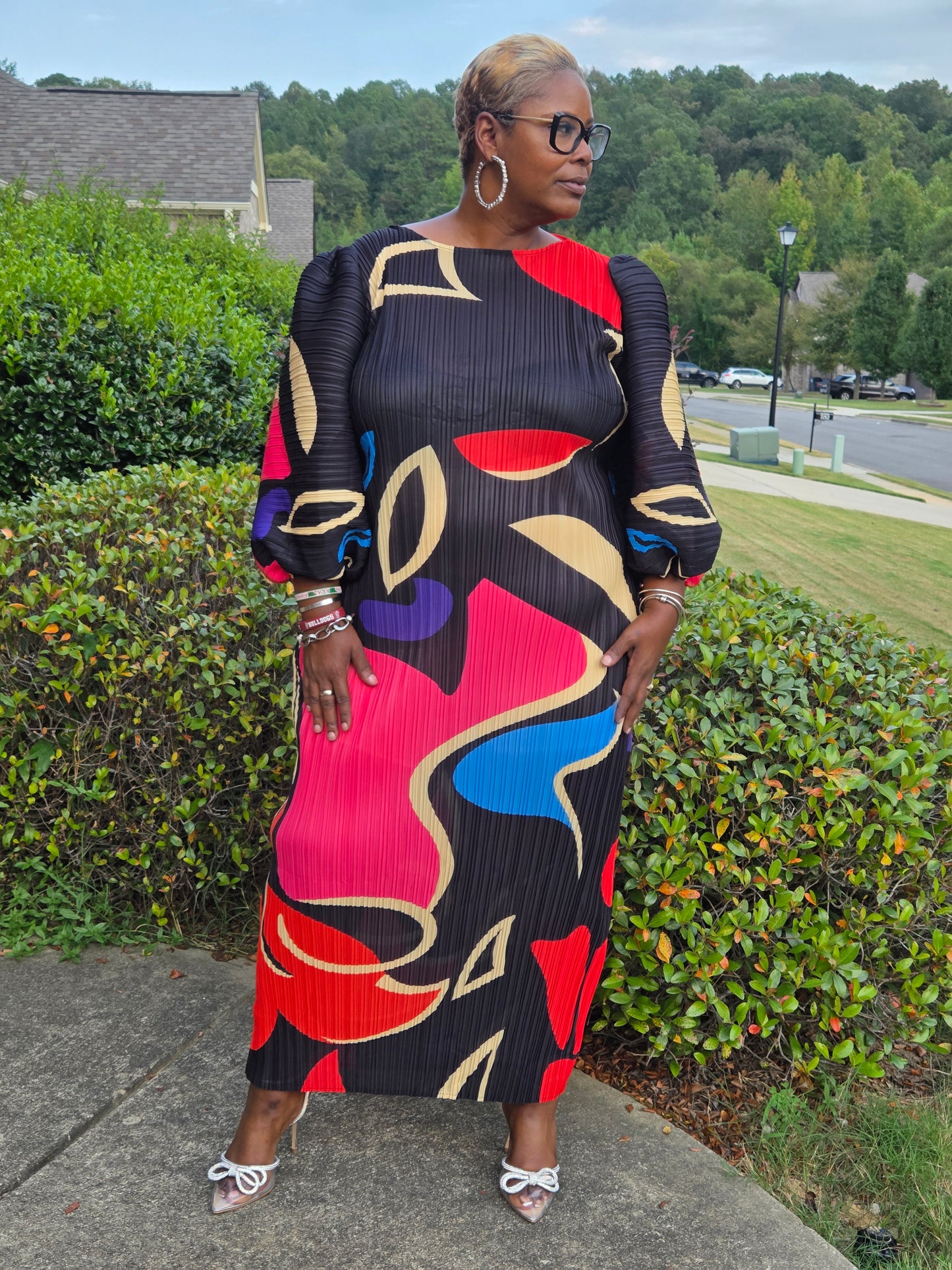 Colorful Puff Sleeve Pleated Maxi Dress