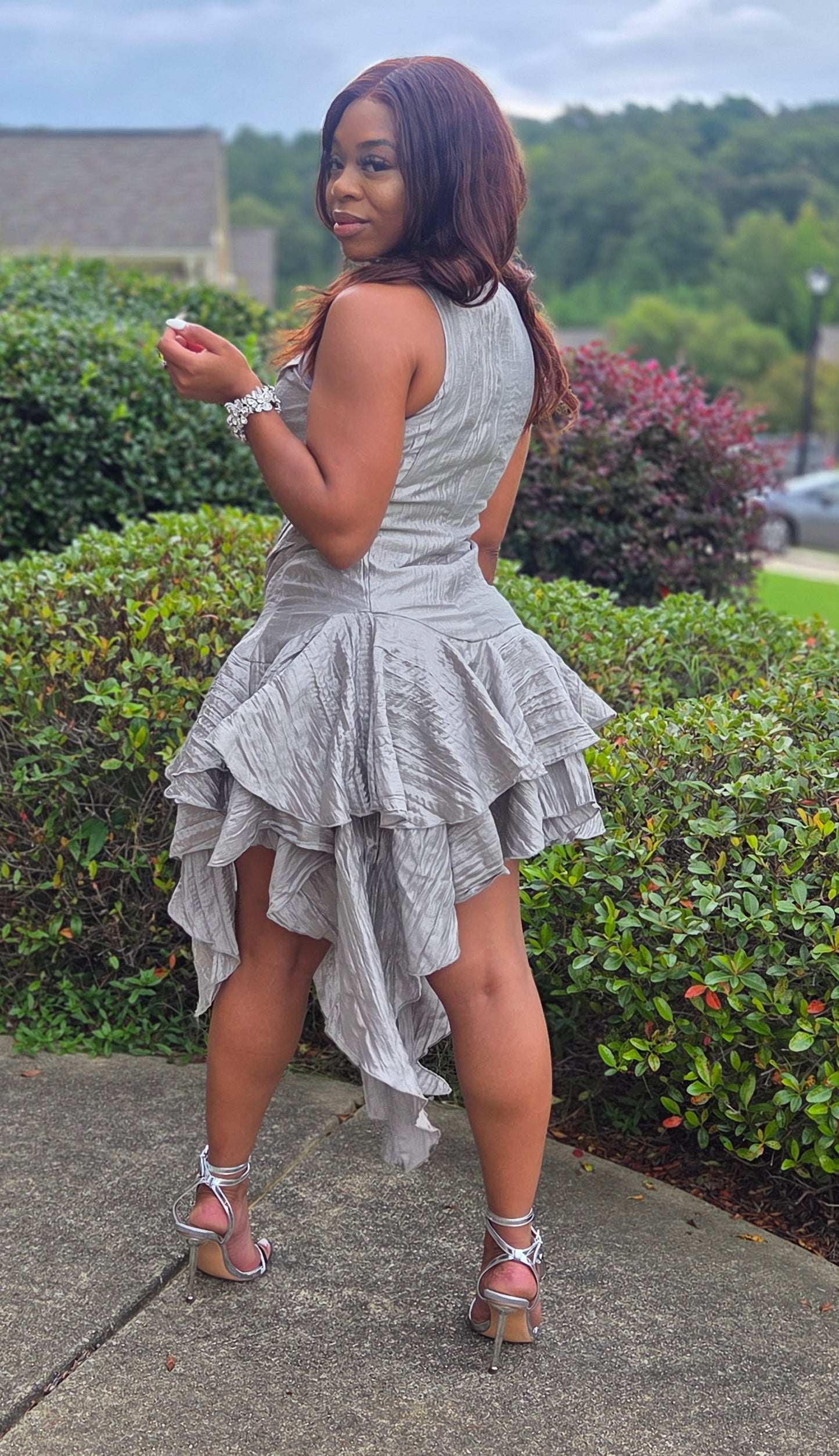 Silver Mirage Pleated Ruffle Dress