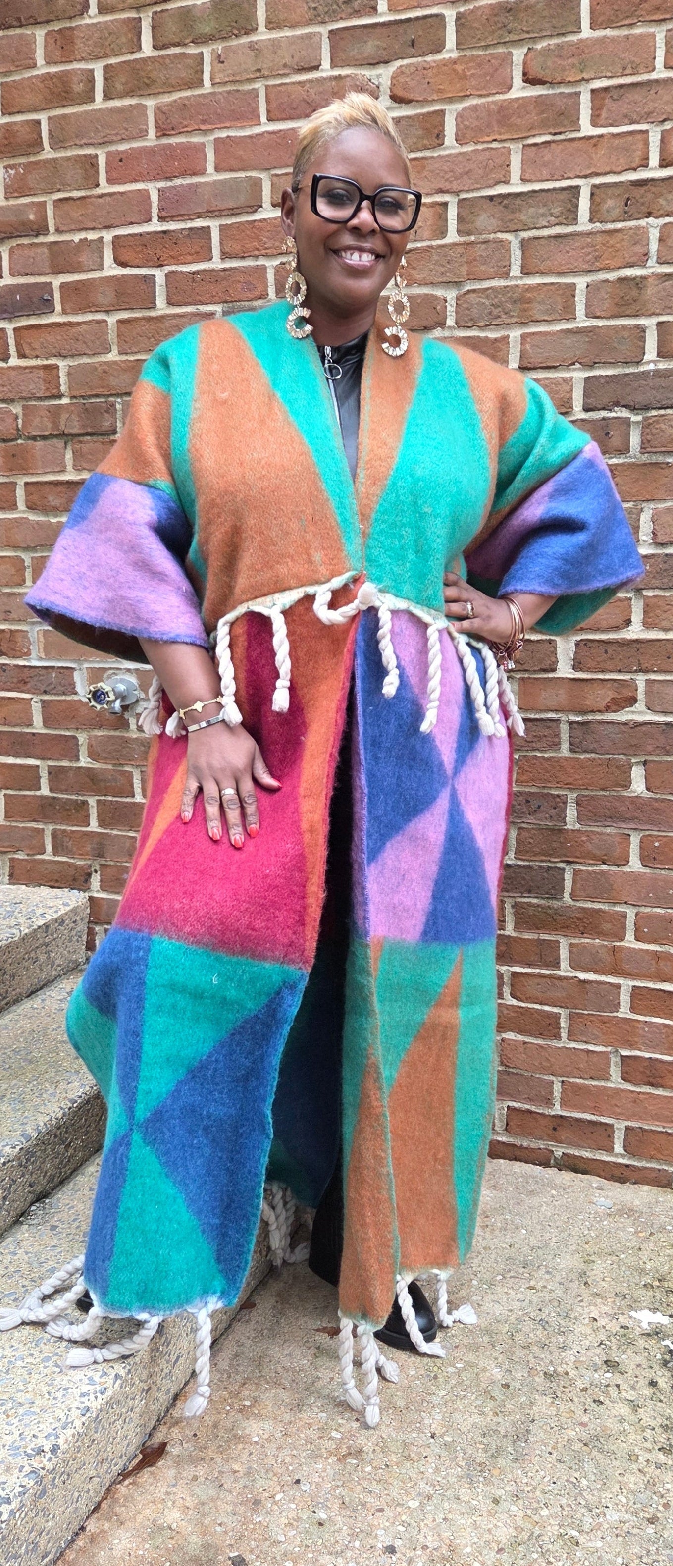 Geometric Color Block Long Cardigan