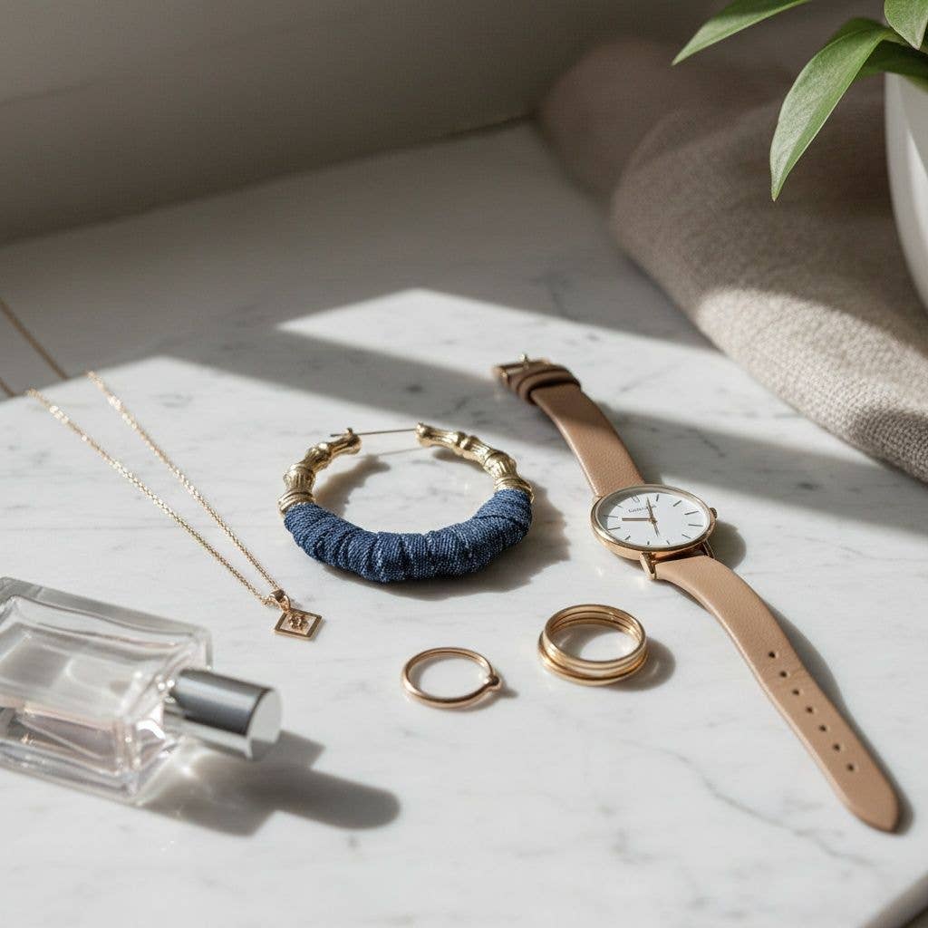 Hoop Denim Jeans Gold Bamboo Texture Earrings