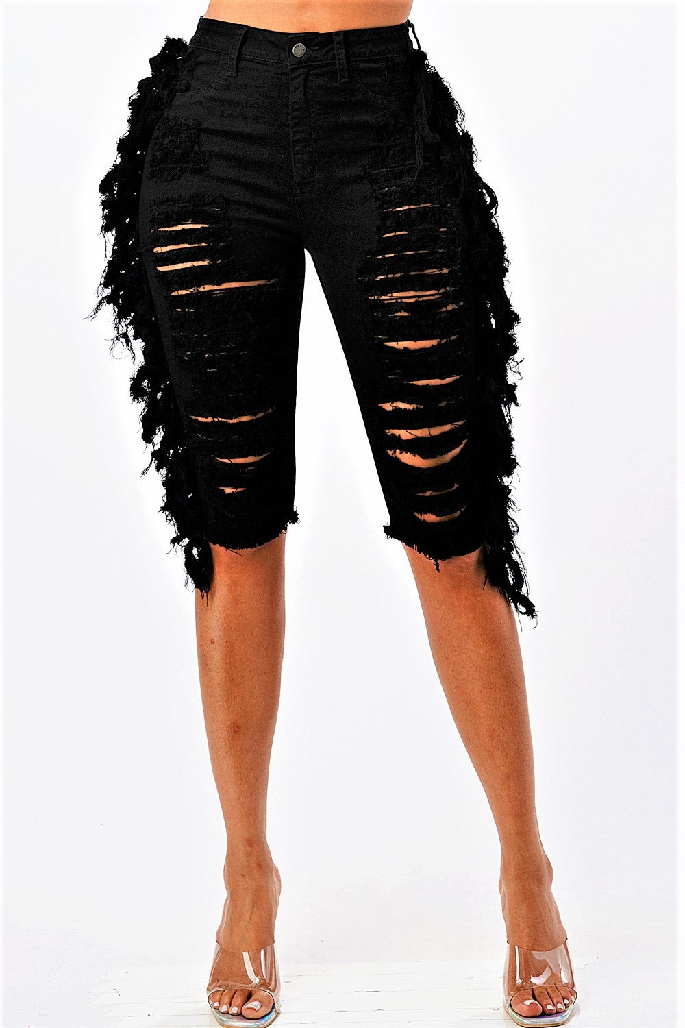 Tassel Distressed Shorts-Distressed Front & Back-CURVY