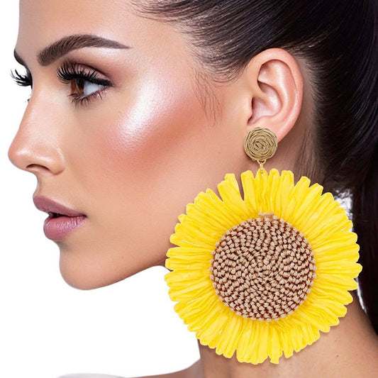 Playful Yellow Raffia Sunflower Earrings