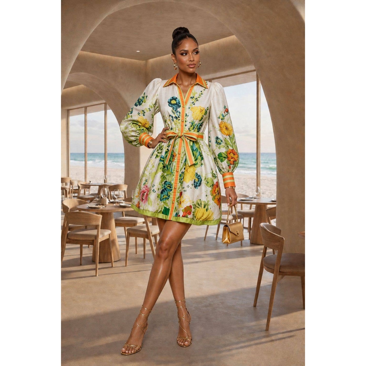 LINEN FLOWER PRINT MINI DRESS