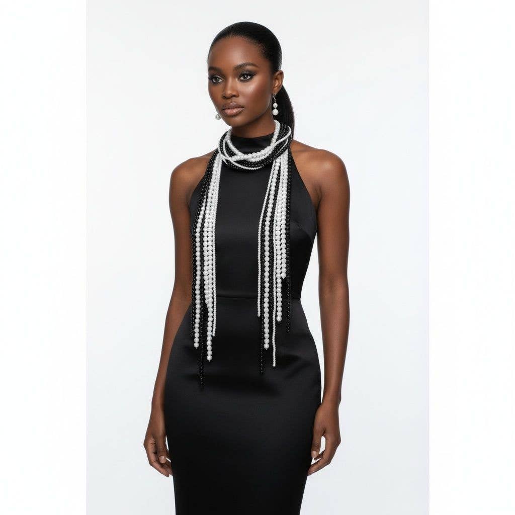 Long Black White Pearl Adjustable Knot Necklace