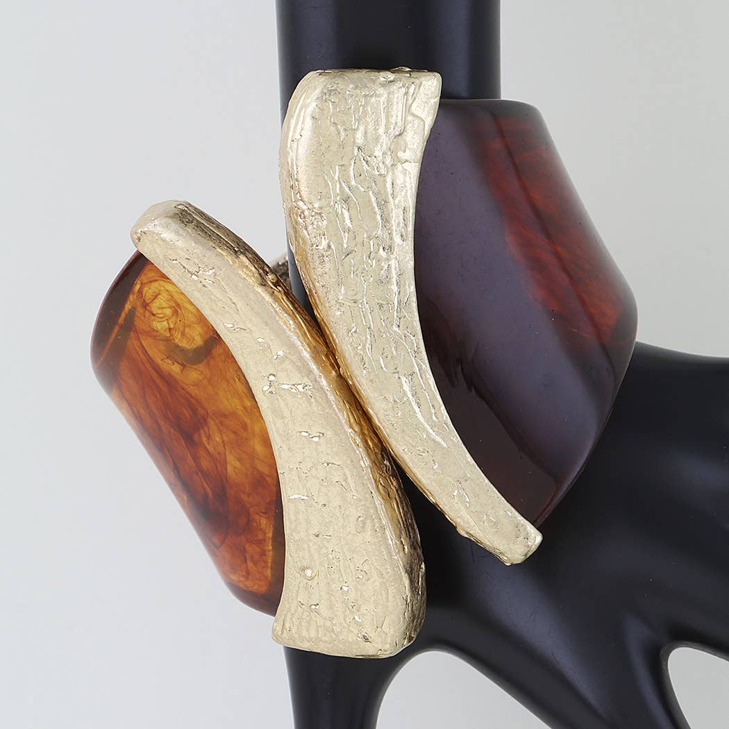 Sculptural Amber Resin & Gold Bypass Cuff