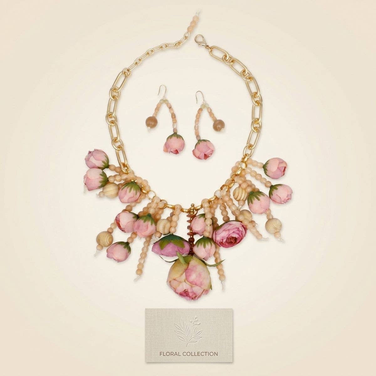 Pink Floral Garden Fringe Statement Necklace