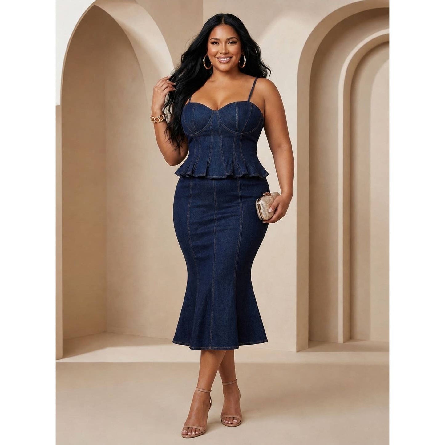 PLUS STRETCH DENIM BUSTIER TOP WITH MIDI SKIRT SET