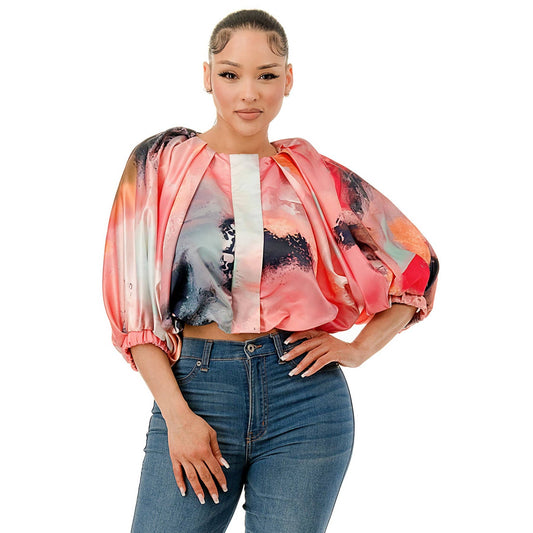Pink Balloon Short Sleeve Front Zip Bubble Cropped Top-CURVY