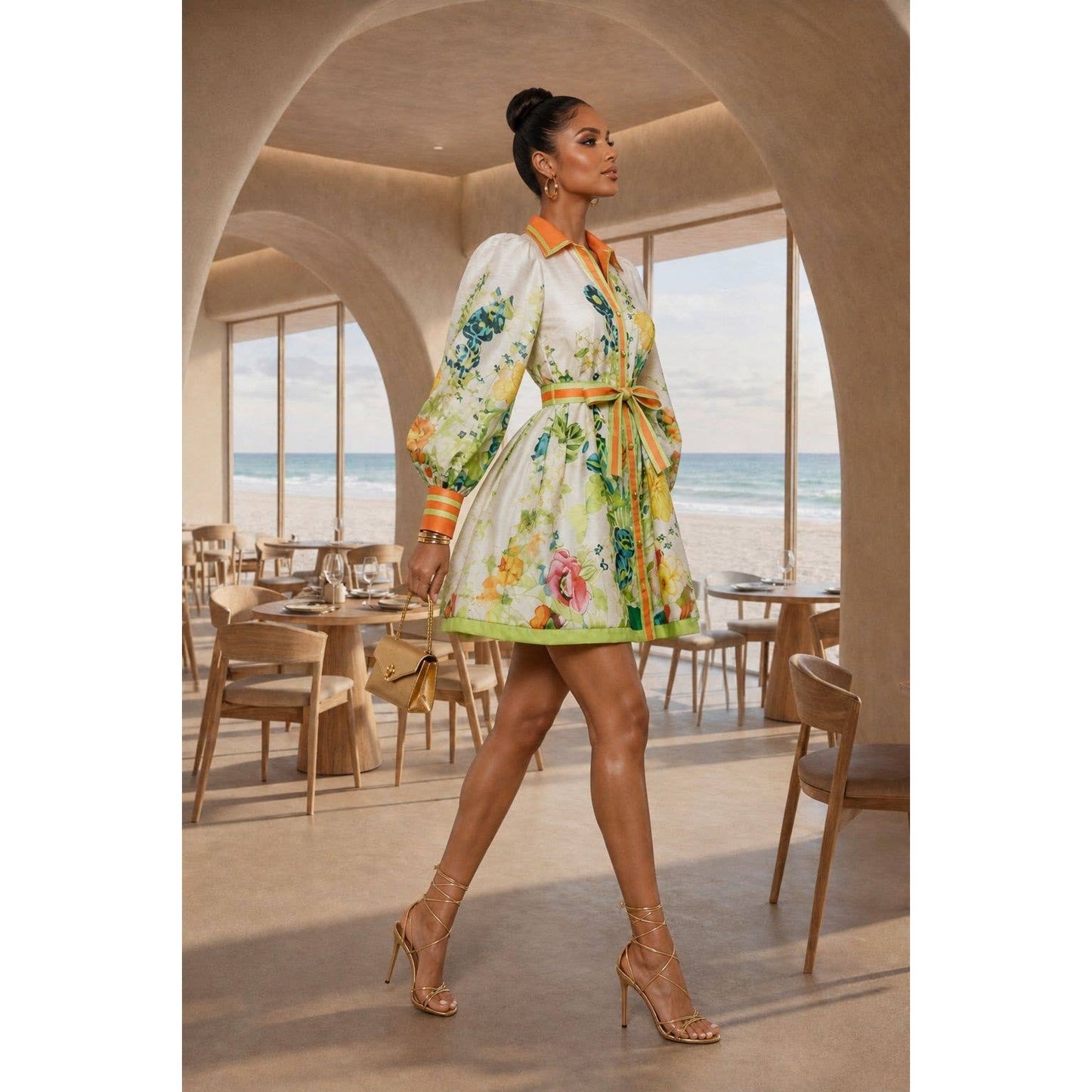 LINEN FLOWER PRINT MINI DRESS